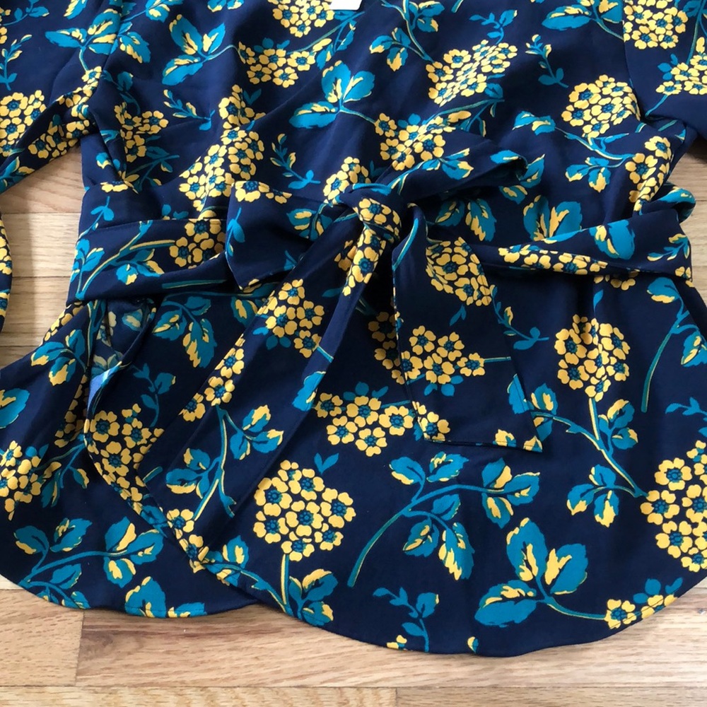 J. Crew Navy Blue Floral Wrap Blouse with Yellow Flowers - Picture 6 of 8